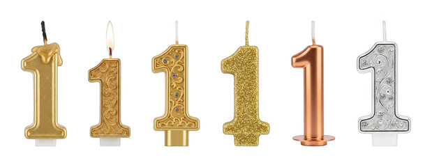 Number 1 candle set including gold, glitter, rose gold, silver, ornate, lit, and unlit designs isolated. Birthday and anniversary party supplies.