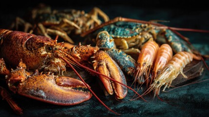 Fresh lobsters and shrimps served on dark slate