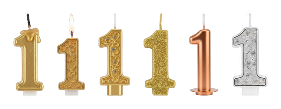 Number 1 candle set including gold, glitter, rose gold, silver, ornate, lit, and unlit designs isolated. Birthday and anniversary party supplies.
