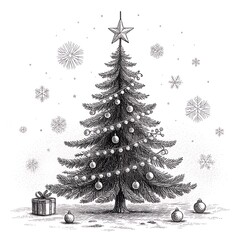 Vintage black and white illustration of a decorated christmas tree with snow