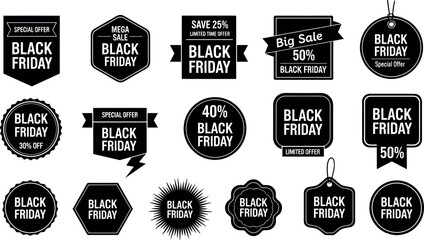 A diverse collection of black and white vector badges and labels, perfect for promoting significant discounts and special offers during major retail sales events such as Black Friday