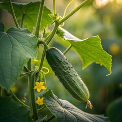 Fresh cucumber growing on the vine with yellow flowers in a garden