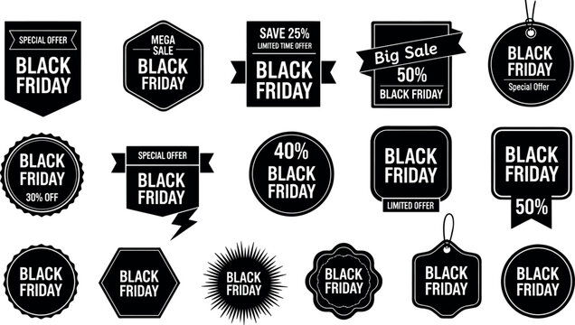 A diverse collection of black and white vector badges and labels, perfect for promoting significant discounts and special offers during major retail sales events such as Black Friday