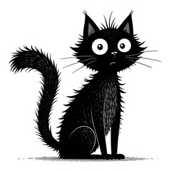 Funny black cat with wide eyes and messy fur sitting