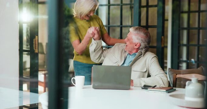 Excited, high five and old couple with laptop, home and celebration for investment on web and flare. Senior woman, hug and happy with elderly man, retirement and pension fund success on app or tech