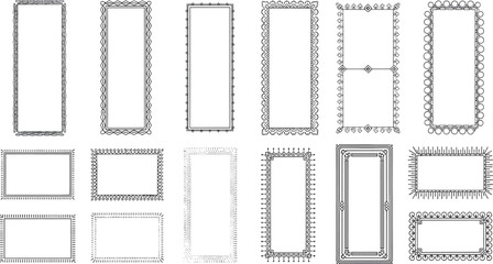 A versatile set of assorted black and white rectangular frames and borders with various ornamental and classic decorative designs, perfect for vintage-themed projects