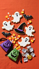 Fototapeta premium Halloween Flatlay Advertisement Orange Fabric Spooky Cookies Candy Corn Witch Hat Trick or Treat Bags