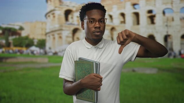 Young african american man wearing glasses holding green book shows thumb down in roman coliseum building; rejection.