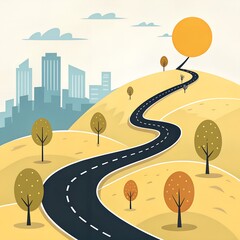 Winding road leading to a city skyline with autumn trees and sun