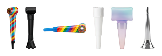 Party noisemakers set including striped, rainbow, solid, iridescent, and metallic horn varieties isolated. Festive celebration items.
