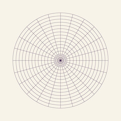 Polar coordinate circular grid isolated on white background. 360 degrees scale. Blank polar graph paper. Vector illustration. Mathematical graph. Lined blank on transparent background.