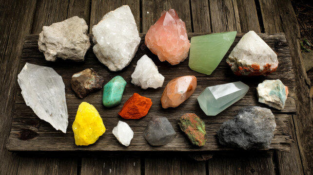 A diverse assortment of uncut raw mineral crystals and natural gemstones displayed on an old weathered wooden surface. Natural history and earth science theme.