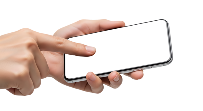 Hand holding a smartphone with a blank screen, isolated on transparent background