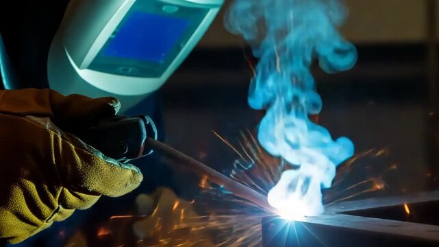 Close up welding shot with glowing spark and rising smoke in a workshop. This welding process demands skilled labor and technical precision for strong bonds. Perfect welding demonstrates mastery.
