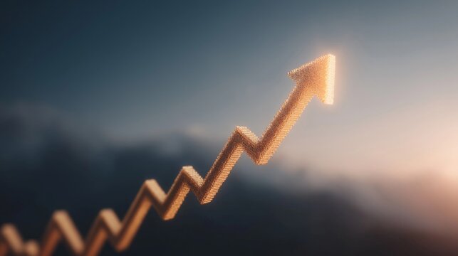 A shimmering, upward-moving arrow representing a strong stock trend, illuminated by a warm glow against a dramatic, cloudy sunset sky - Powered by Adobe