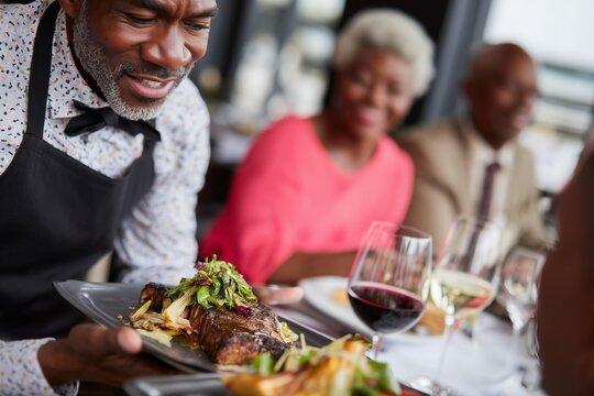 Waiter in apron and bow tie serving gourmet dish to smiling couple seated at elegant restaurant table with wine glasses, concept of fine dining and hospitality