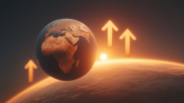 3D globe showing Africa and Europe, with large, bright upward arrows symbolizing global financial growth and international market success