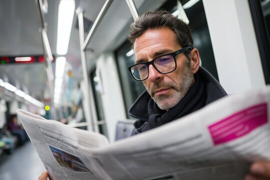 Close up of a commuter wearing glasses and reading a newspaper inside a modern tram or metro, portraying urban lifestyle, daily routine and information consumption in public transit