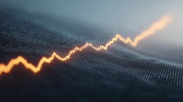 A vibrant, glowing orange line graph tracing a bullish upward trend across a dark, textured field of digital, data-like points - Powered by Adobe