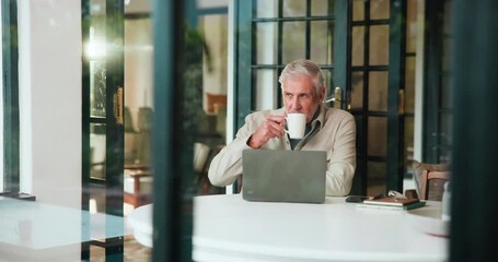Coffee, home and mature man on laptop for remote work, planning and article research. Creative freelancer, morning and person on computer with drink for news story, editing report and website content - Powered by Adobe