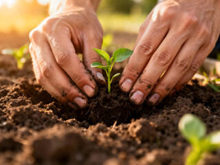 Close-up of human hands planting a small green seedling in fertile soil under warm sunlight, symbolizing growth, nature care, sustainability, and a new beginning in springtime garden