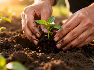 Hands with soil on fingers gently placing a young green plant into the ground under warm sunlight, illustrating care for earth, gardening passion, and ecological balance