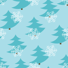 Obraz premium Winter seamless pattern with Christmas tree and snowflakes on color background. Vector illustration for fabric, textile wallpaper, posters, gift wrapping paper. Merry Christmas and New year Vector.
