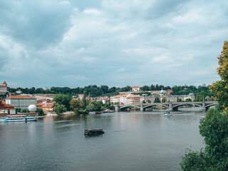 Fototapeta premium Aerial View of Prague Skyline and Vltava Rive