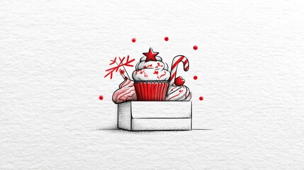 A festive cupcake with red frosting, topped with a star and candy cane, surrounded by decorative elements like snowflakes and dots.