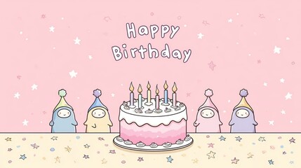 A colorful birthday scene with a pink cake topped with candles. Cartoon characters in party hats celebrate with joy. The background is pastel with stars.