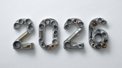 Metallic numbers 2026 arranged on a white background. They are made of various mechanical parts, showcasing a modern and industrial design. christmas, new year