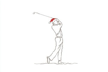 A golfer swings a club while wearing a Santa hat. The scene captures a blend of sports and holiday spirit, emphasizing winter golf activities.