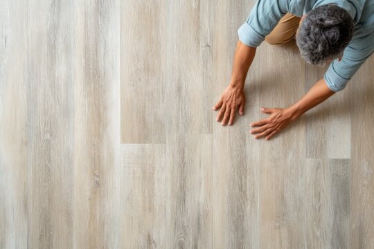 A senior man with gray hair kneels on a wooden floor, inspecting the surface with his hands. He wears a light blue shirt and beige pants. copy space