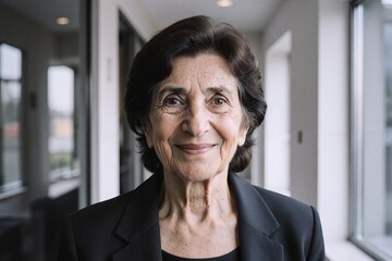 Senior Business Professional Woman Portrait Smiling In Office Hallway, Confident, Welcoming, Experienced Leader