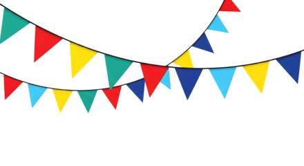Colorful bunting flags strung across a transparent background, perfect for celebrations and parties