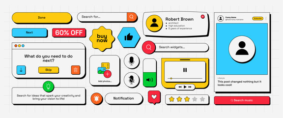 Set of colorful neobrutalist interface elements for websites and mobile apps. Includes buttons, widgets, popups, rating stars, and input fields in bold modern style.