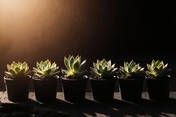 Row of six potted cactus plants with green leaves