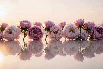 Row of pink flowers are reflected in a mirror