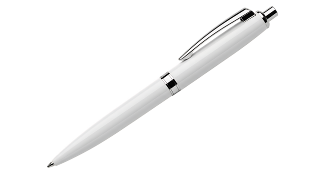 A white ballpoint pen with a silver clip isolated on transparent background