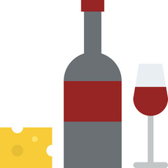 A minimalist flat illustration of a dark red bottle of wine next to a glass filled with red wine and a square piece of yellow cheese on a transparent background