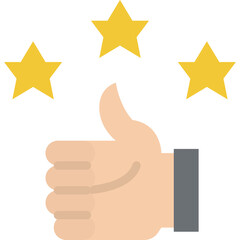 A beige hand gives a thumbs up gesture with three golden stars above on a transparent background representing success and positive feedback
