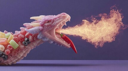 a stylized dragon-like creature with candy and fire coming out from its mouth