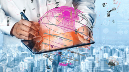 An innovative hand holding a tablet device showcases a digital globe with tech icons in a bustling city landscape, representing modern business strategies and advancements. Xenic