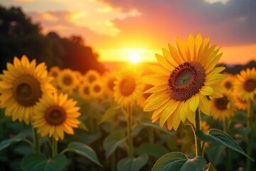 Fototapeta premium Vibrant sunflowers bask in the warm glow of a breathtaking sunrise, their golden petals radiating energy and beauty A stunning display of nature's artistry at dawn , dawn, colors, landscape