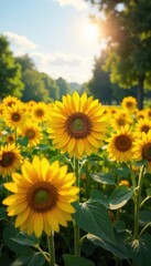 Obraz premium Vibrant sunflowers in full bloom dominate a sprawling park landscape, bathed in golden sunlight A picturesque scene of natural beauty and summer joy , garden, cheerful, relaxation