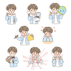 Cartoon Young Male Character Set: Positive Emotions and Dating/Affection