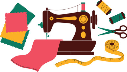 Flat vector illustration of vintage sewing machine with fabric, scissors, thread spools, measuring tape, crafting tools, tailoring and fashion design elements