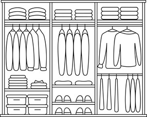 Modern wardrobe closet organization, flat vector CAD drawing, clean closet interior with clothes, folded towels, storage boxes, hangers, and shoes.