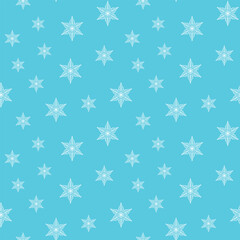 Winter seamless pattern with white snowflakes on blue background. Vector illustration for fabric, textile wallpaper, posters, gift wrapping paper. Christmas vector illustration. Falling snow.