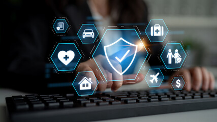 Security and insurance concept showing protection coverage for health, travel, home, car, life, and financial safety, emphasizing trust and policy assurance Latch